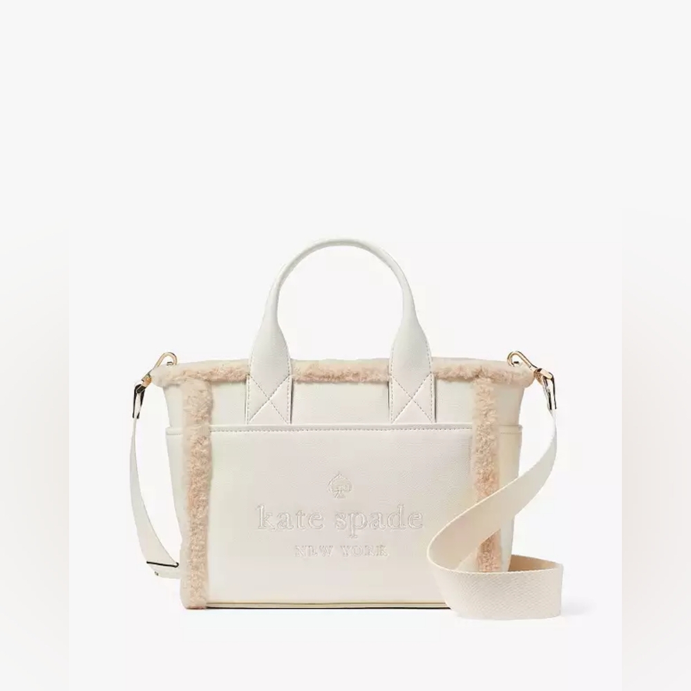 Kate Spade White Tan Jett Faux Fur Shearling Small Tote Purse Crossbody Bag - Picture 2 of 12